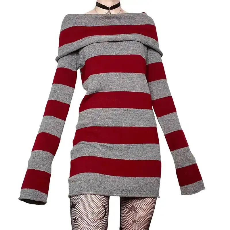 Flytonn- Knitted Off-Shoulder Long Sleeve Striped Mini Dress
