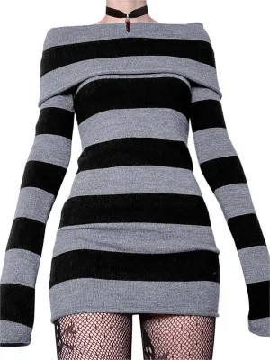 Flytonn- Knitted Off-Shoulder Long Sleeve Striped Mini Dress