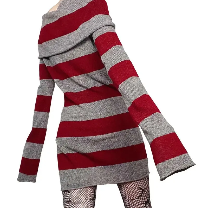 Flytonn- Knitted Off-Shoulder Long Sleeve Striped Mini Dress