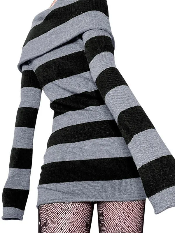 Flytonn- Knitted Off-Shoulder Long Sleeve Striped Mini Dress