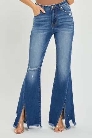 Full Size High Rise Front Slit Frayed Hem Flare Jeans