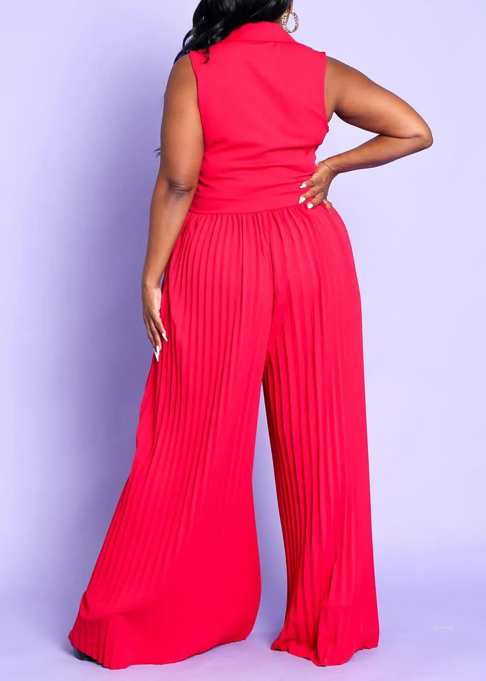 Hi Curvy Plus Size Women Sleeveless Pleated Wide Jumpsuit Made In USA