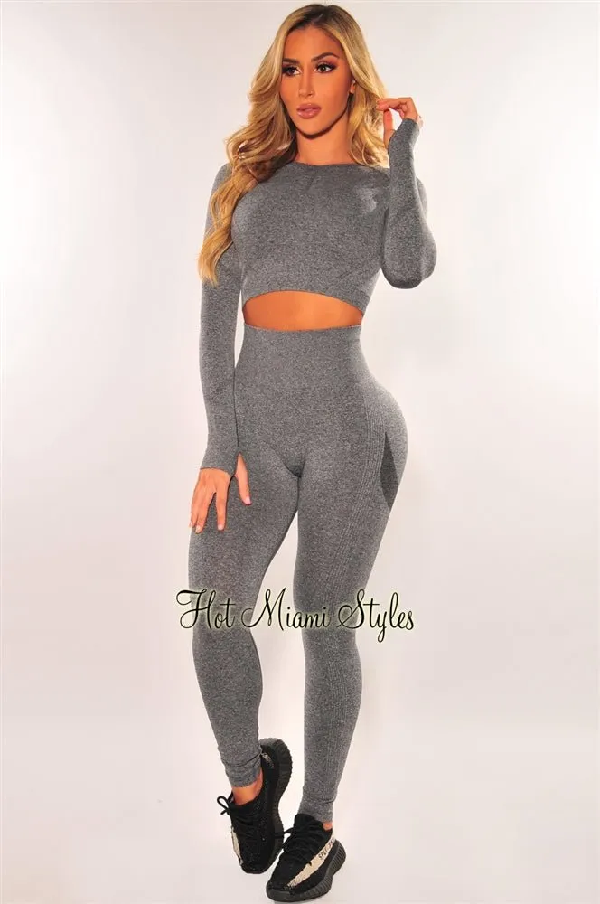 HMS Fit: Gray Marl Seamless Butt Lifting Leggings Two Piece Set