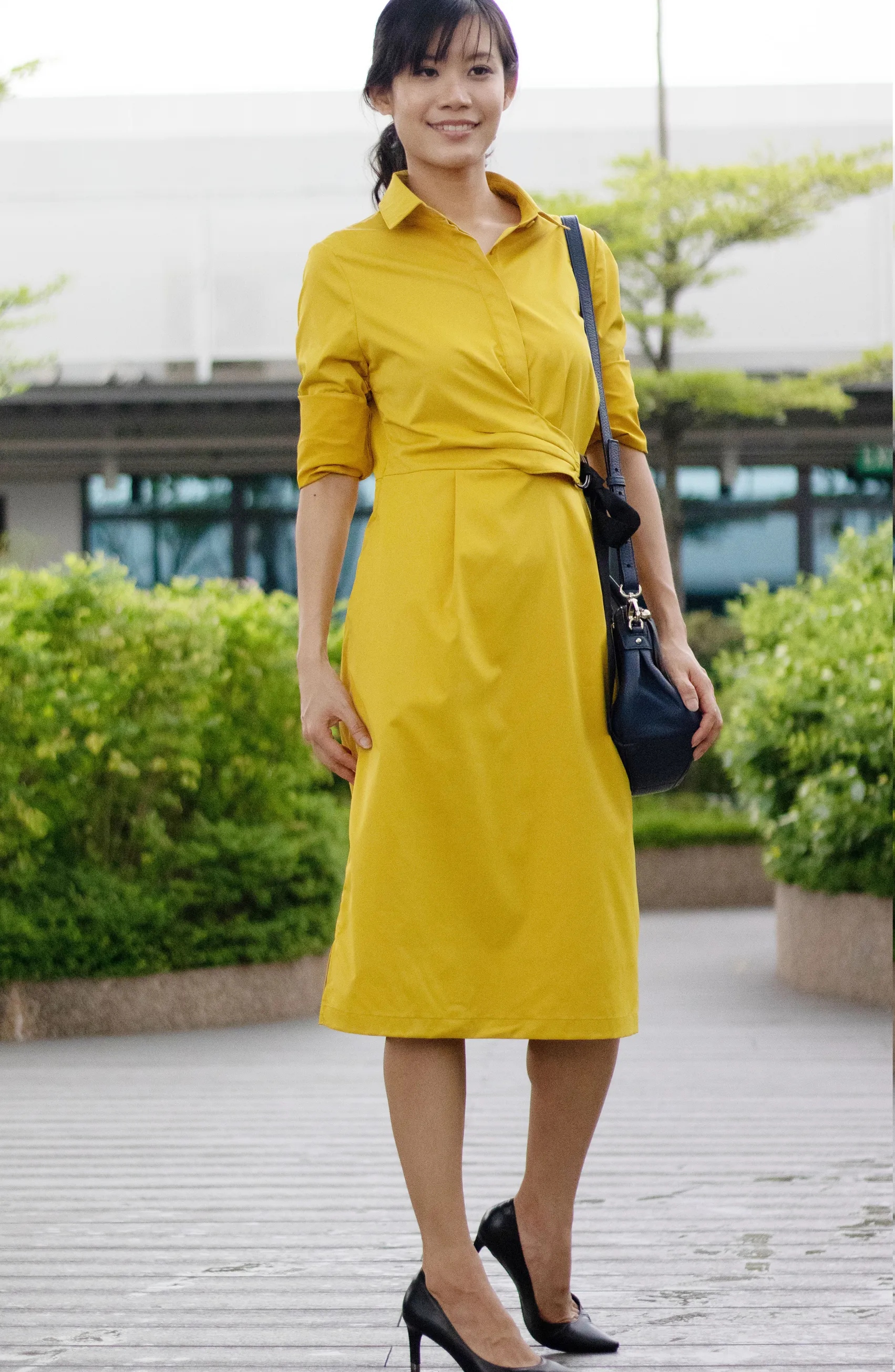 Juy Autumn/Fall Mustard Yellow Ring Belted Shirt Wax A-line Dress