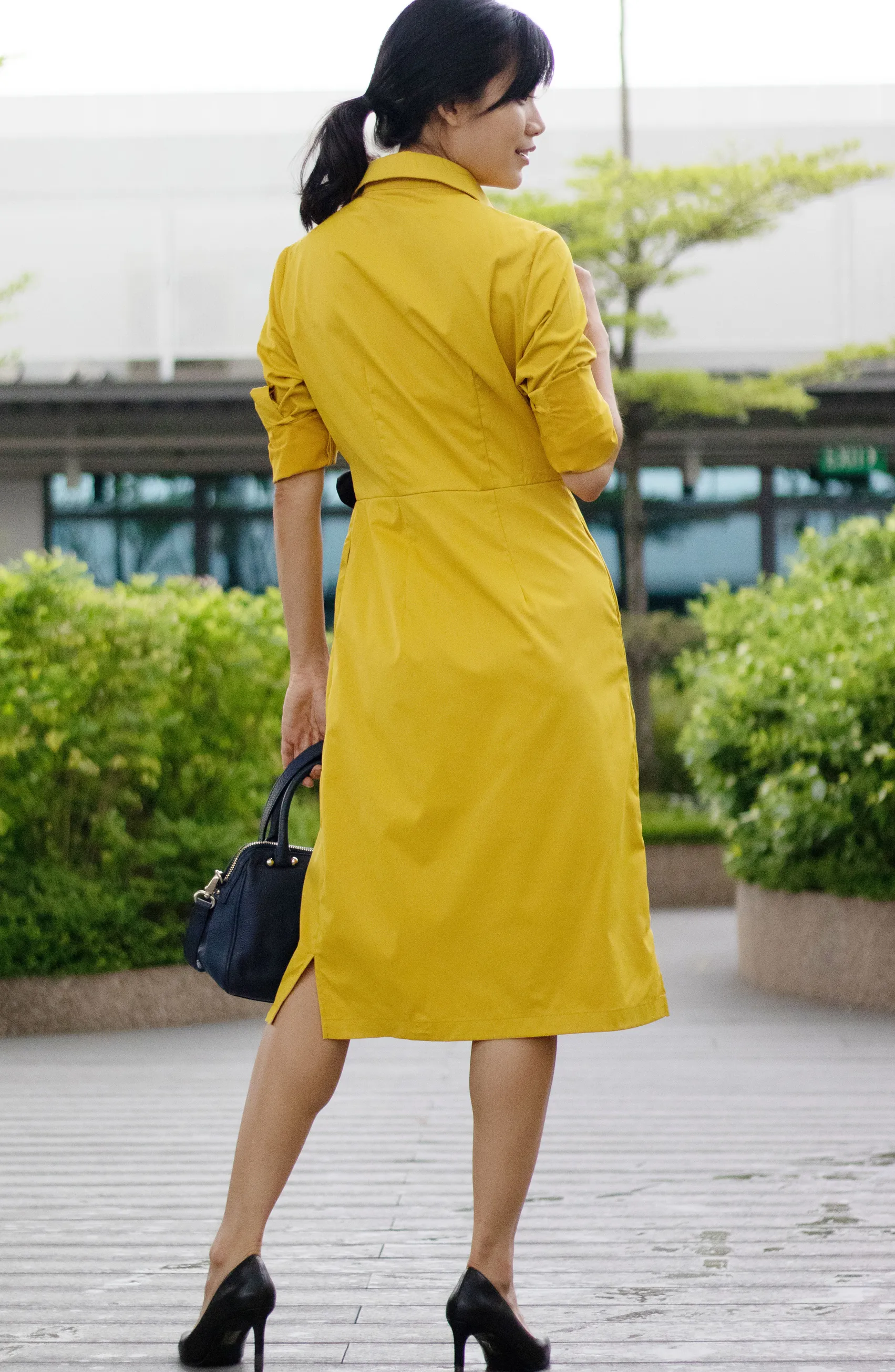 Juy Autumn/Fall Mustard Yellow Ring Belted Shirt Wax A-line Dress