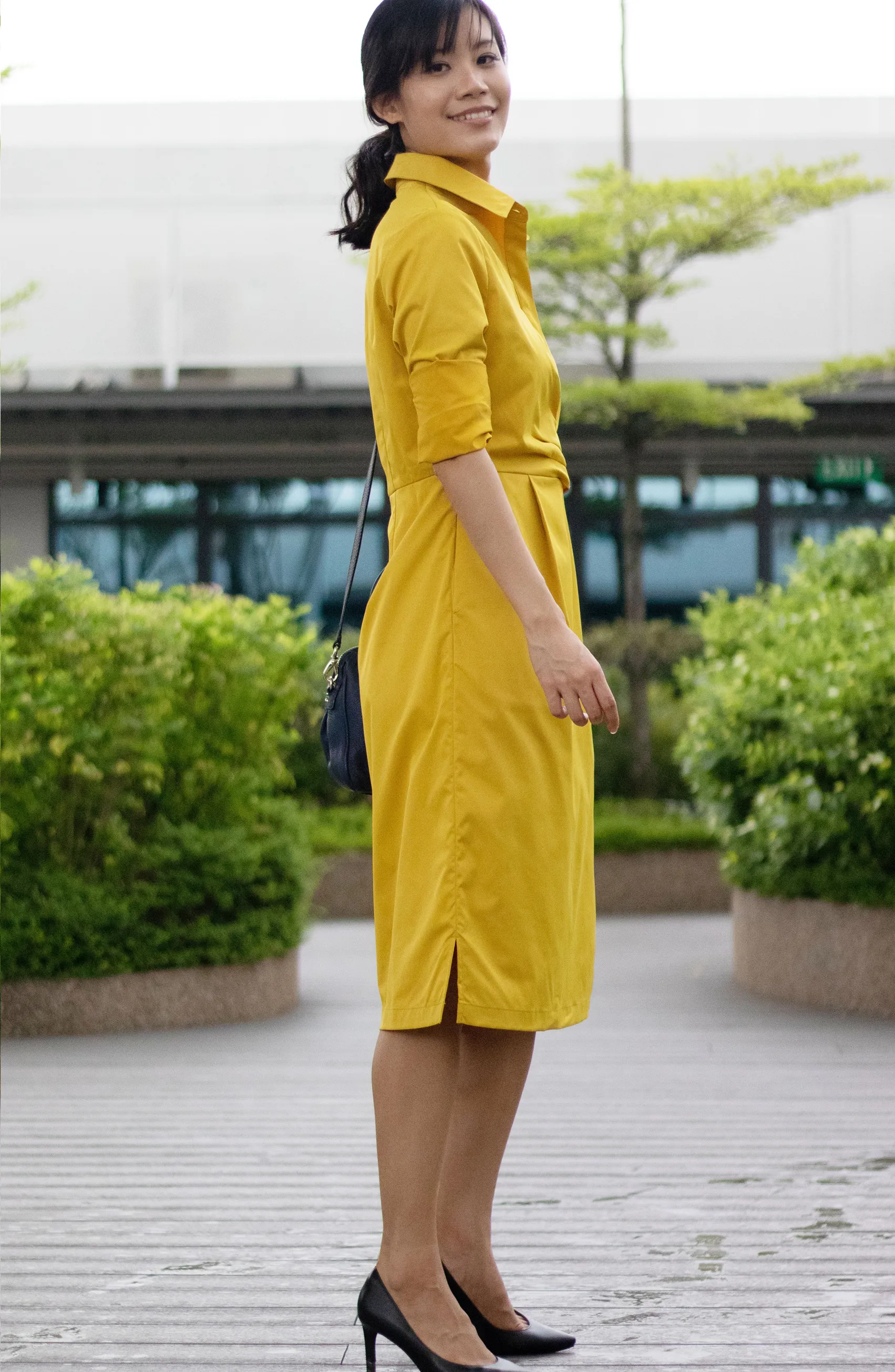 Juy Autumn/Fall Mustard Yellow Ring Belted Shirt Wax A-line Dress