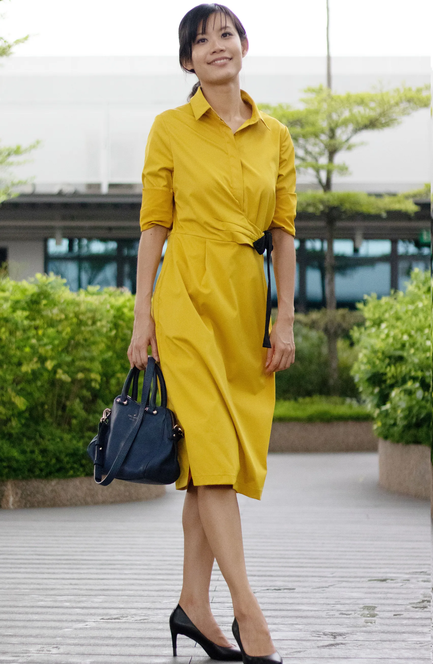 Juy Autumn/Fall Mustard Yellow Ring Belted Shirt Wax A-line Dress