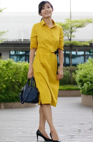 Juy Autumn/Fall Mustard Yellow Ring Belted Shirt Wax A-line Dress