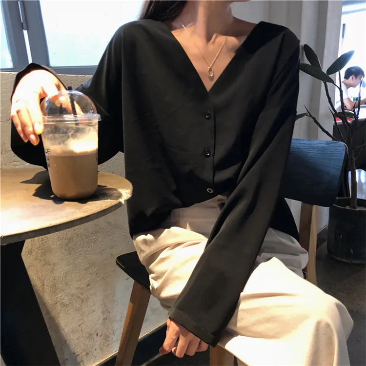 [Korean Style] Juvana V Neck Satin Button Down Blouse