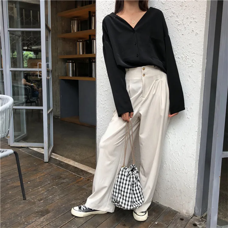 [Korean Style] Juvana V Neck Satin Button Down Blouse