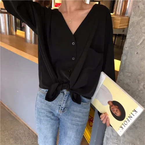 [Korean Style] Juvana V Neck Satin Button Down Blouse