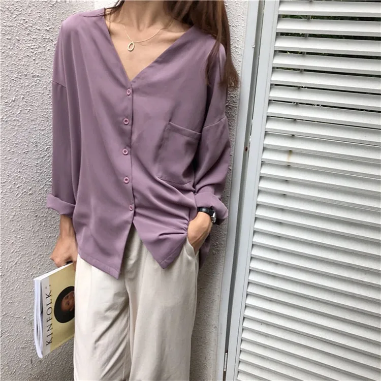 [Korean Style] Juvana V Neck Satin Button Down Blouse