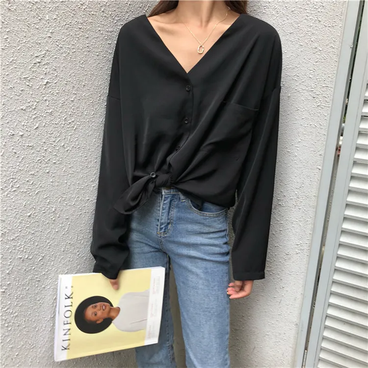 [Korean Style] Juvana V Neck Satin Button Down Blouse