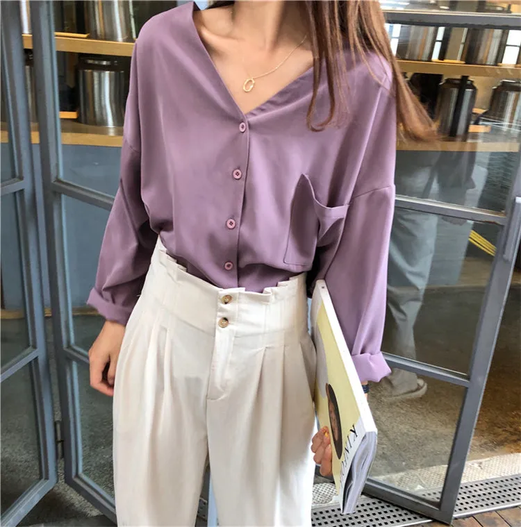 [Korean Style] Juvana V Neck Satin Button Down Blouse