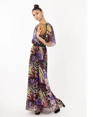 Lady Purple Leopard Print Chiffon Wrap Maxi Dress