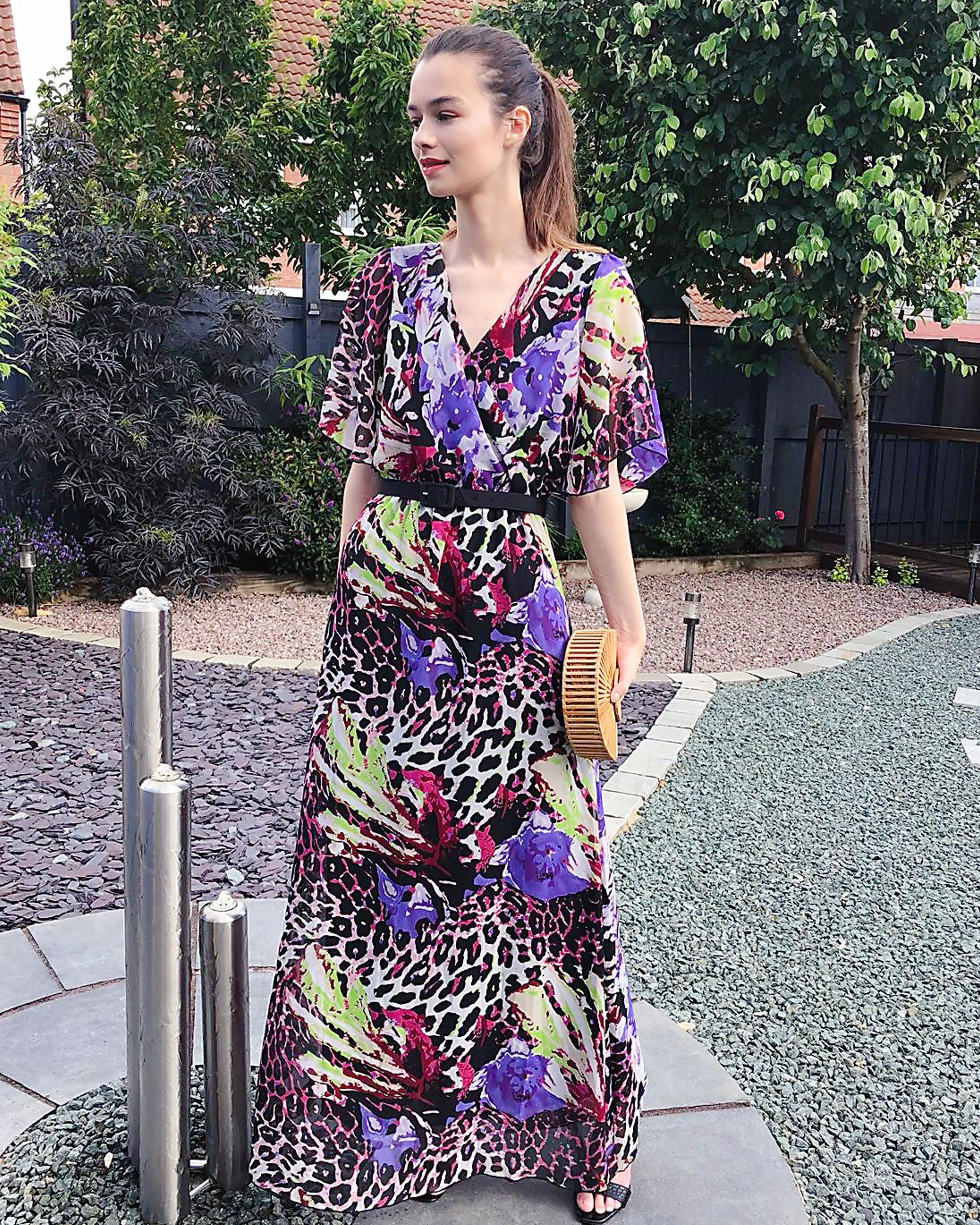 Lady Purple Leopard Print Chiffon Wrap Maxi Dress