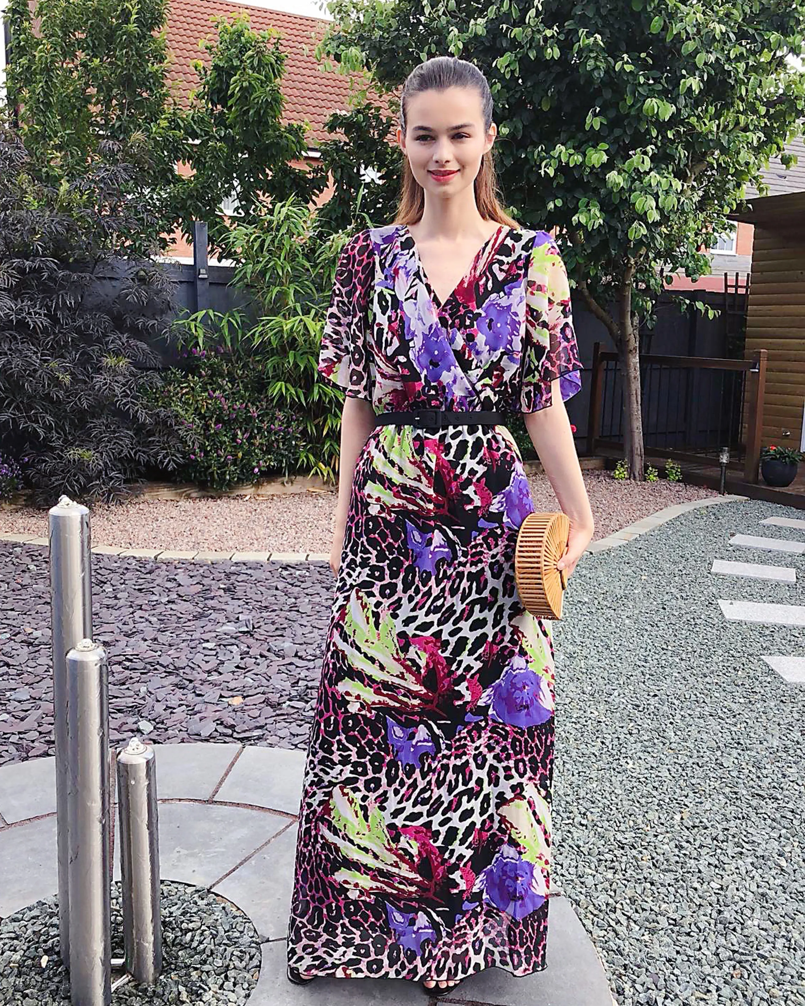 Lady Purple Leopard Print Chiffon Wrap Maxi Dress