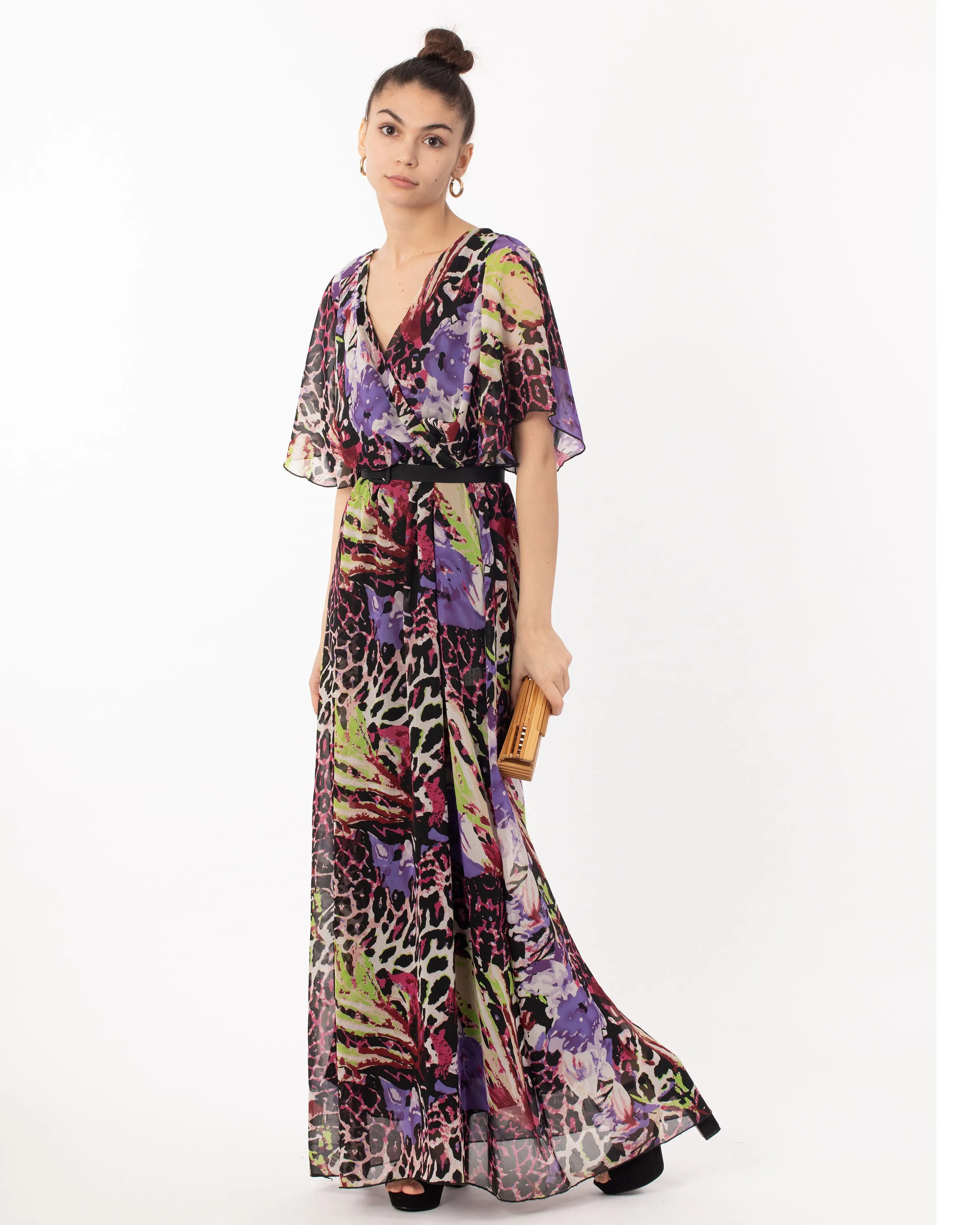 Lady Purple Leopard Print Chiffon Wrap Maxi Dress
