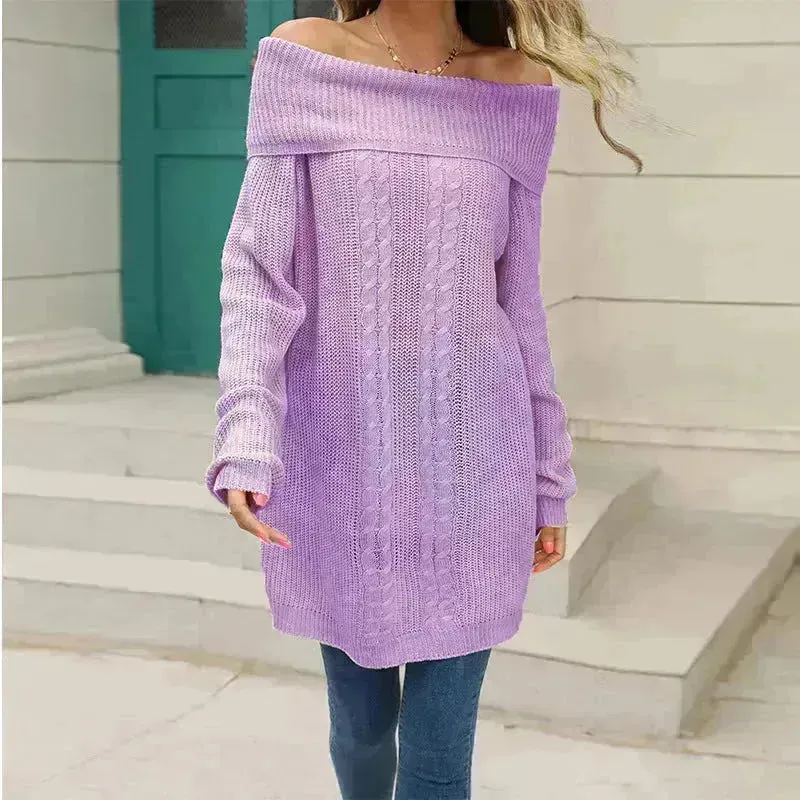 Lapel Loose Off shoulder Winter Knitted Tunic top