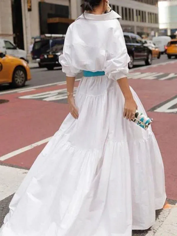 Long Sleeves Loose Belted Pleated Solid Color Lapel Maxi Dresses XL 121691