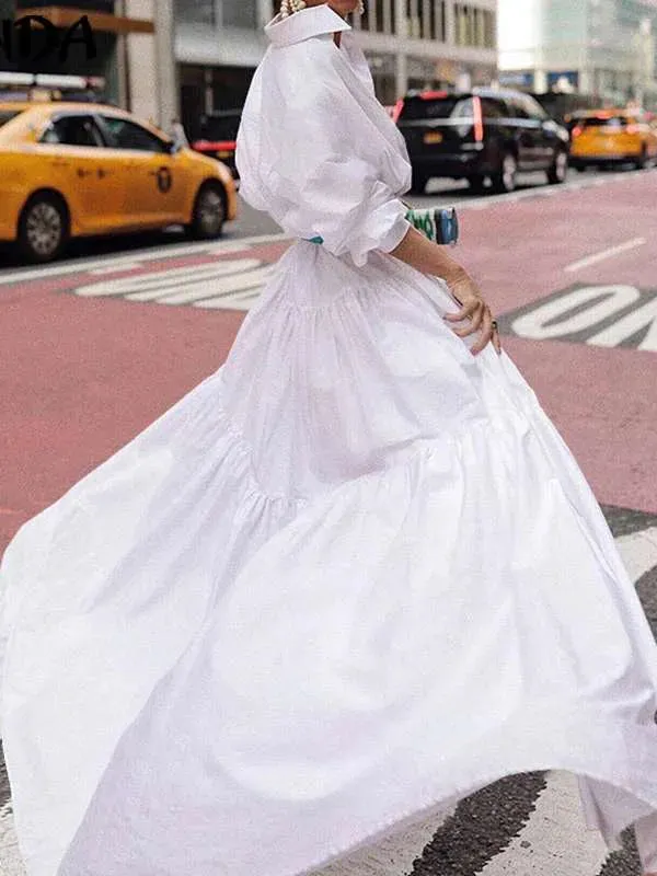 Long Sleeves Loose Belted Pleated Solid Color Lapel Maxi Dresses XL 121691