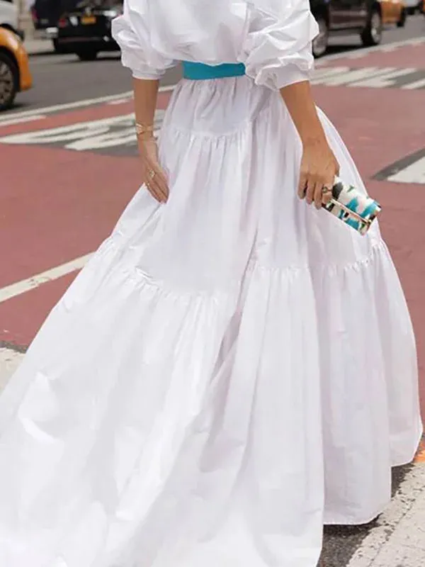 Long Sleeves Loose Belted Pleated Solid Color Lapel Maxi Dresses XL 121691
