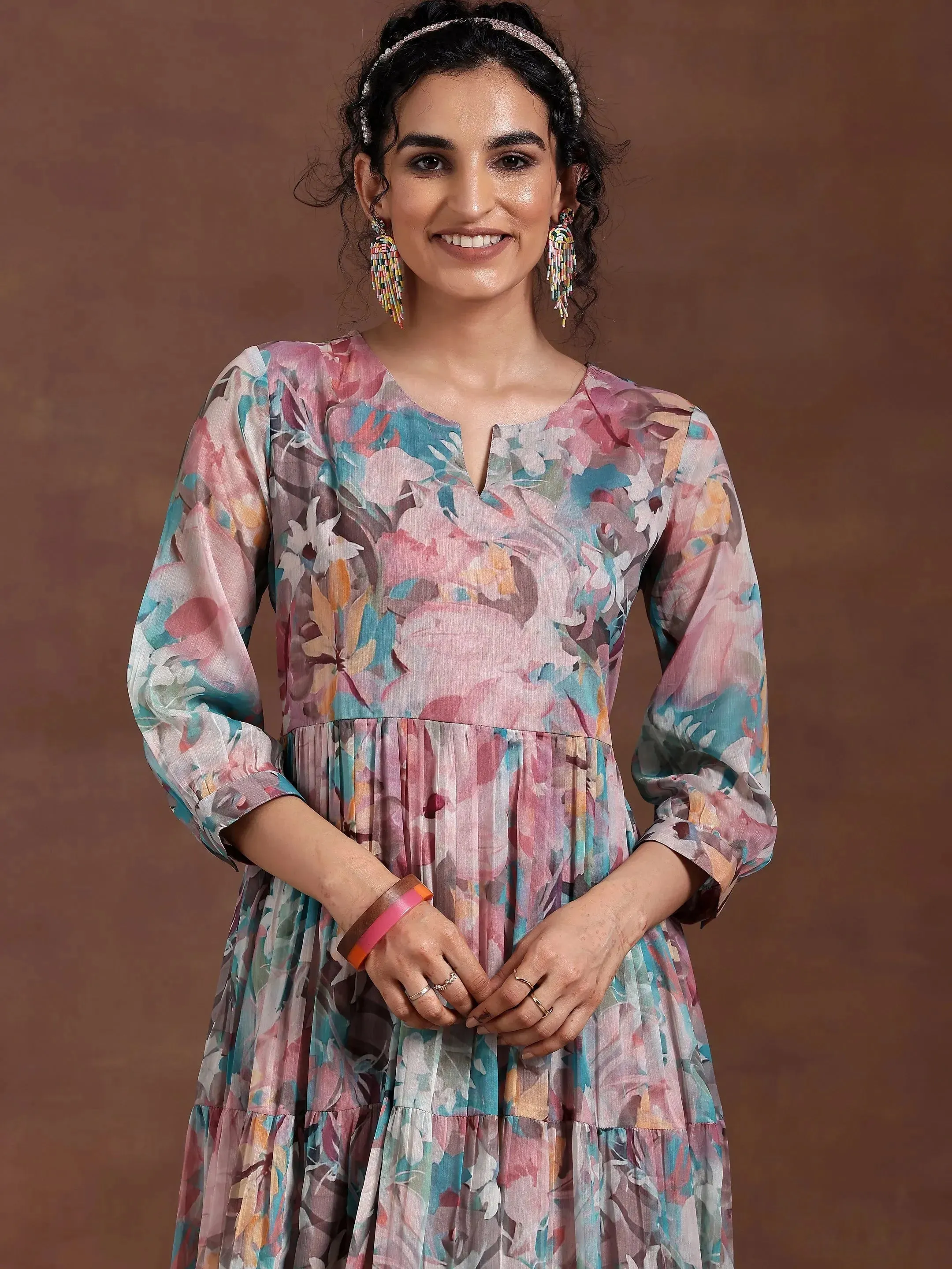 Mauve Printed Chiffon Fit and Flare Dress