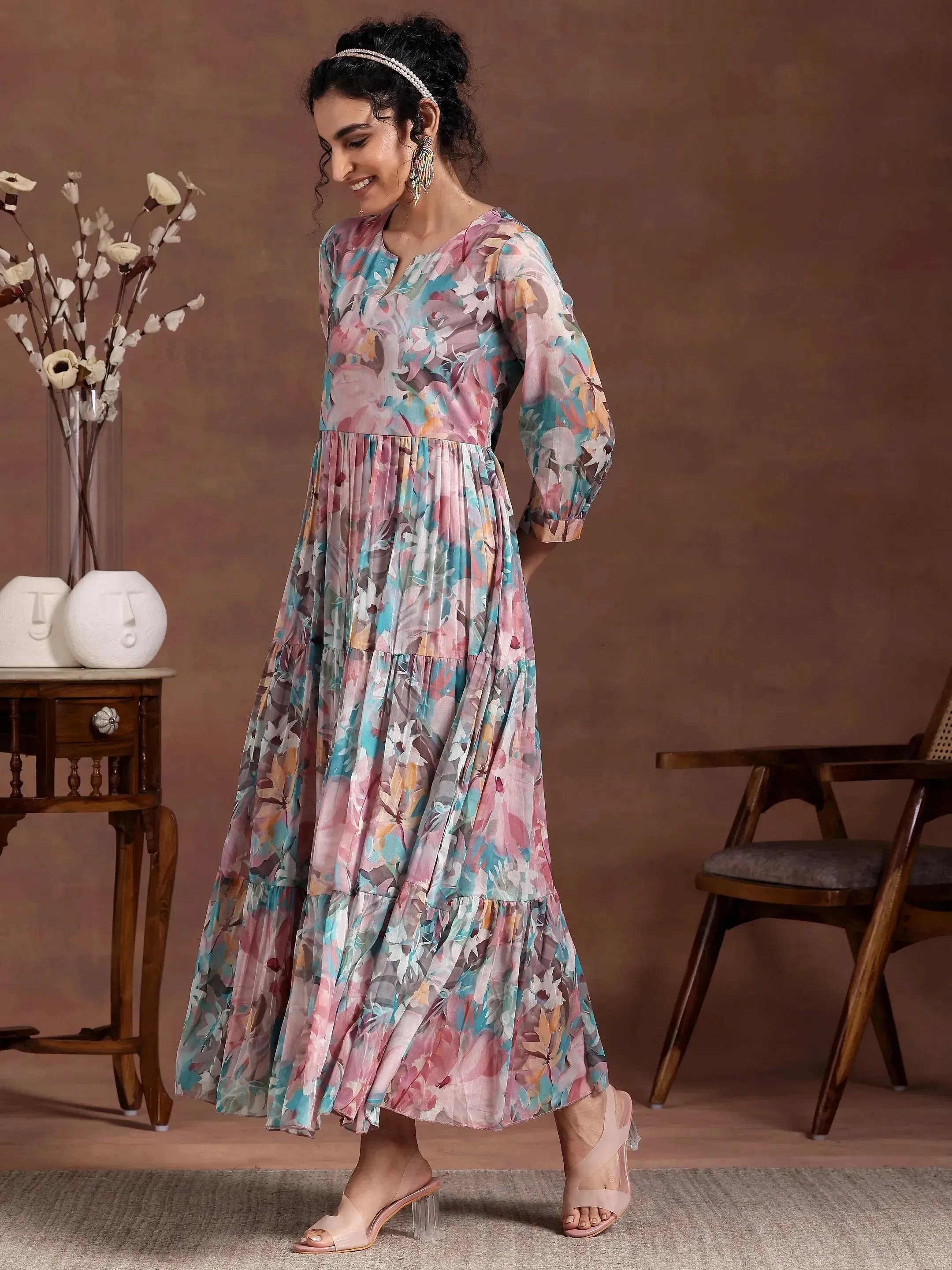 Mauve Printed Chiffon Fit and Flare Dress