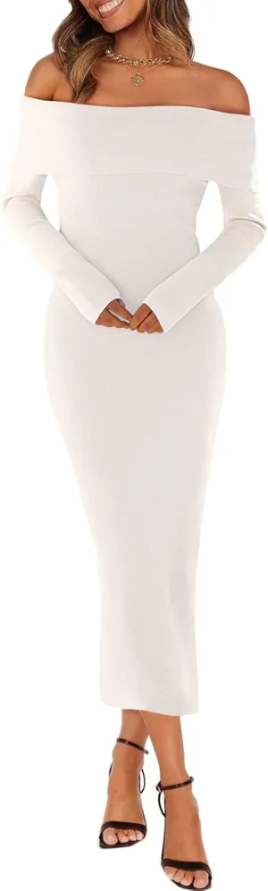 MEROKEETY Women's Fall Off Shoulder Bodycon Sweater Dress Formal Long Sleeve Elegant Cocktail Party Midi Maxi Dresses