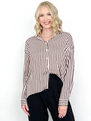 Norah - Brown   Cream Striped Button Down Top