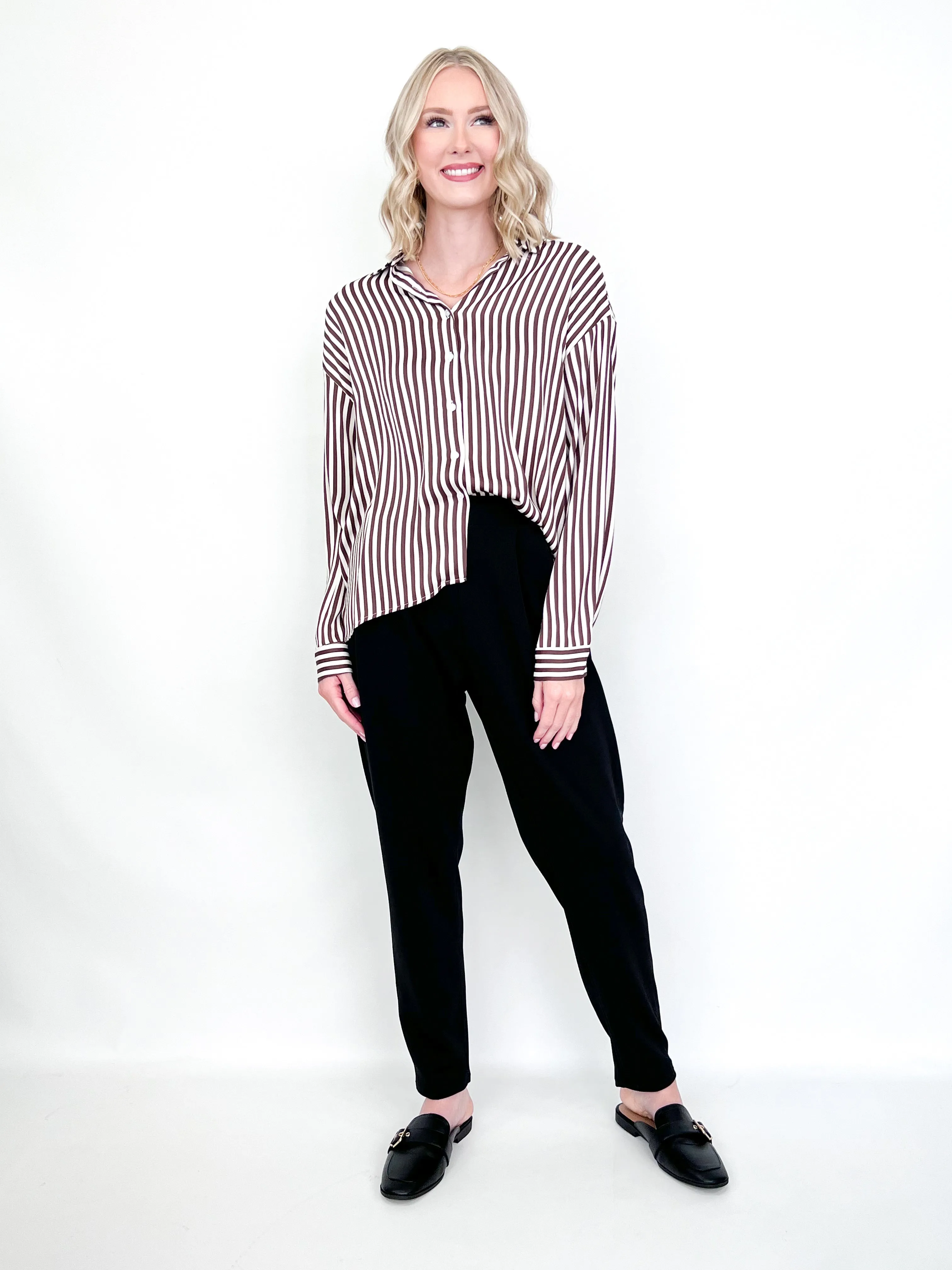 Norah - Brown   Cream Striped Button Down Top