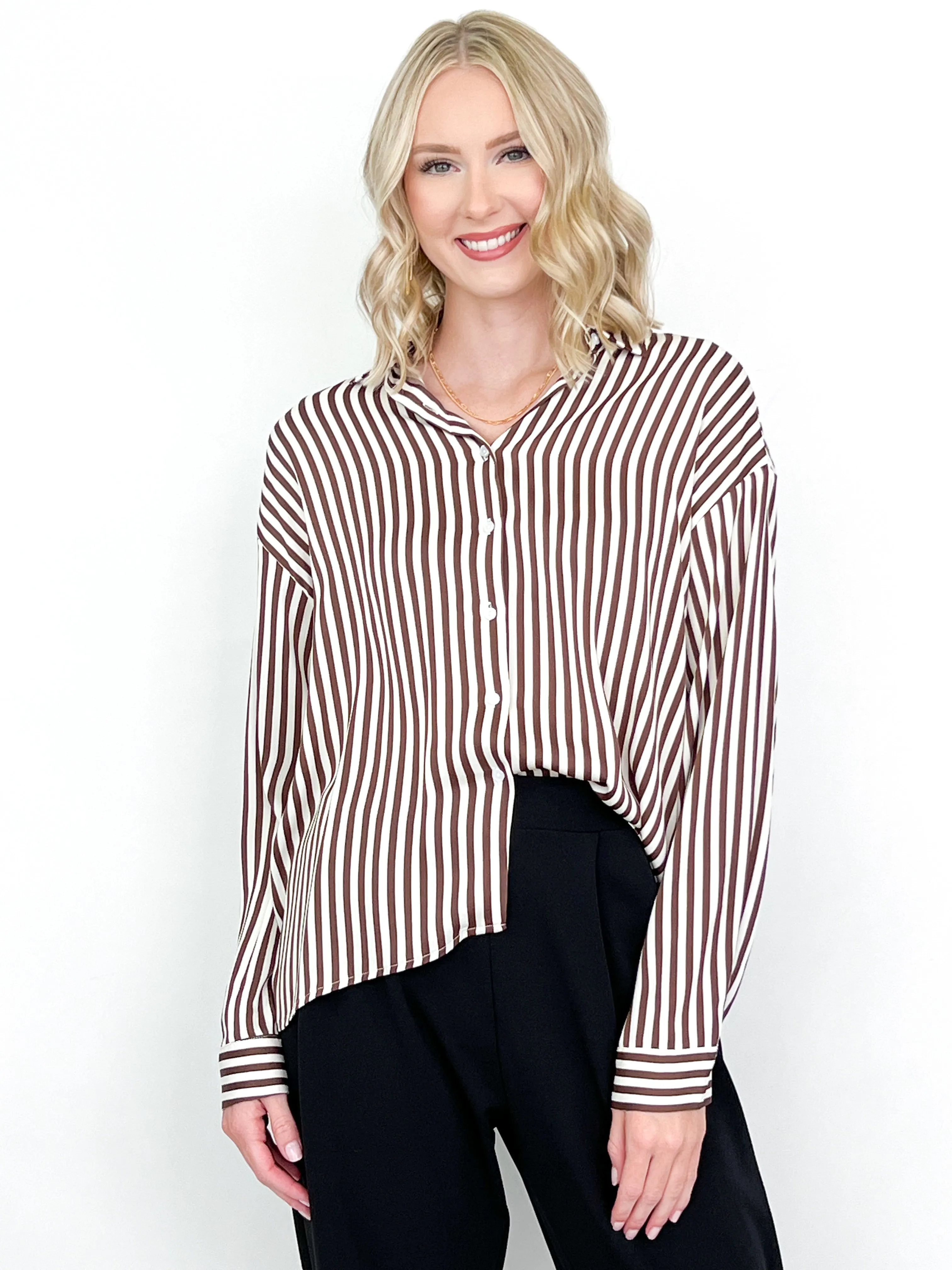 Norah - Brown   Cream Striped Button Down Top