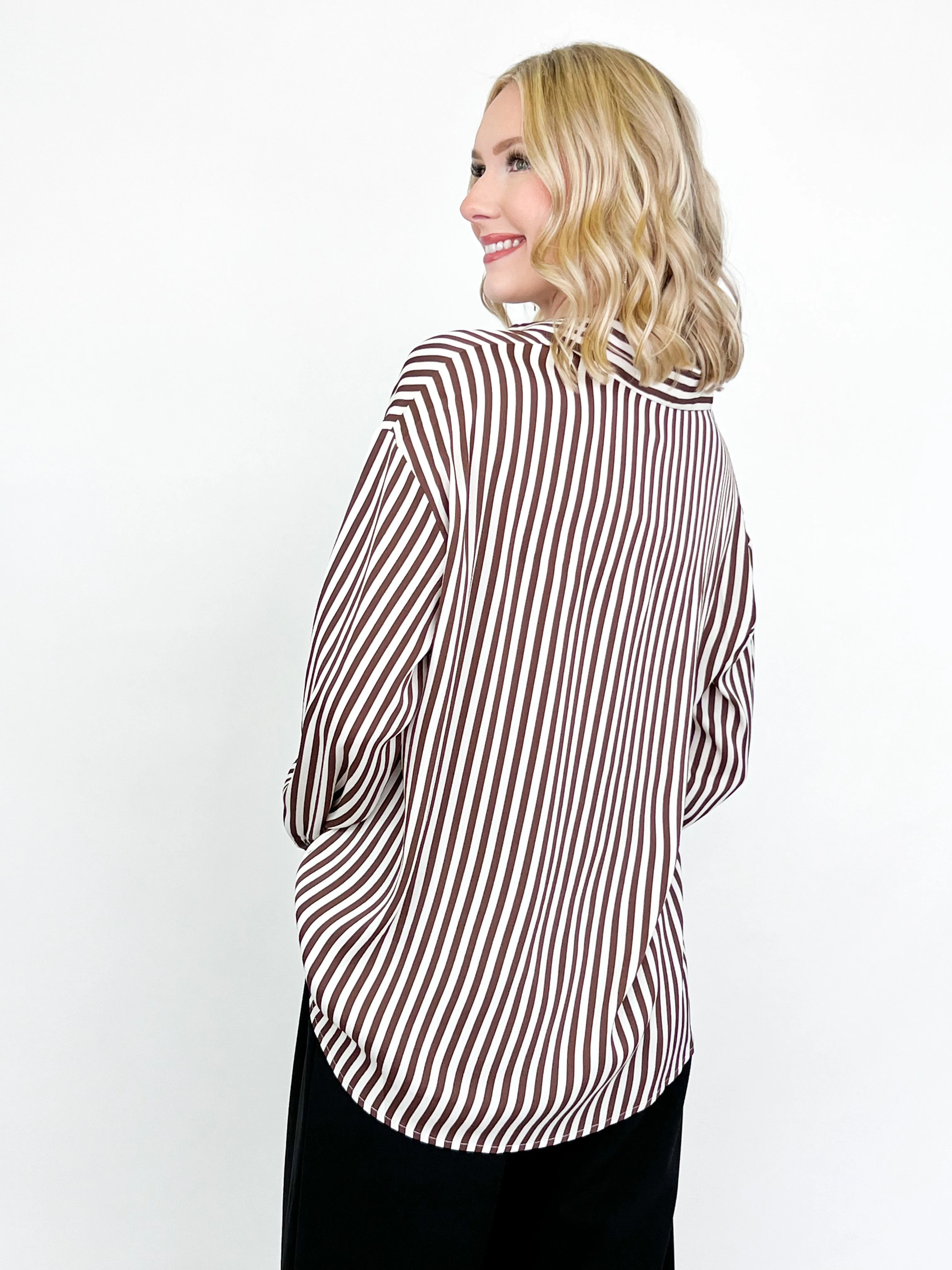 Norah - Brown   Cream Striped Button Down Top