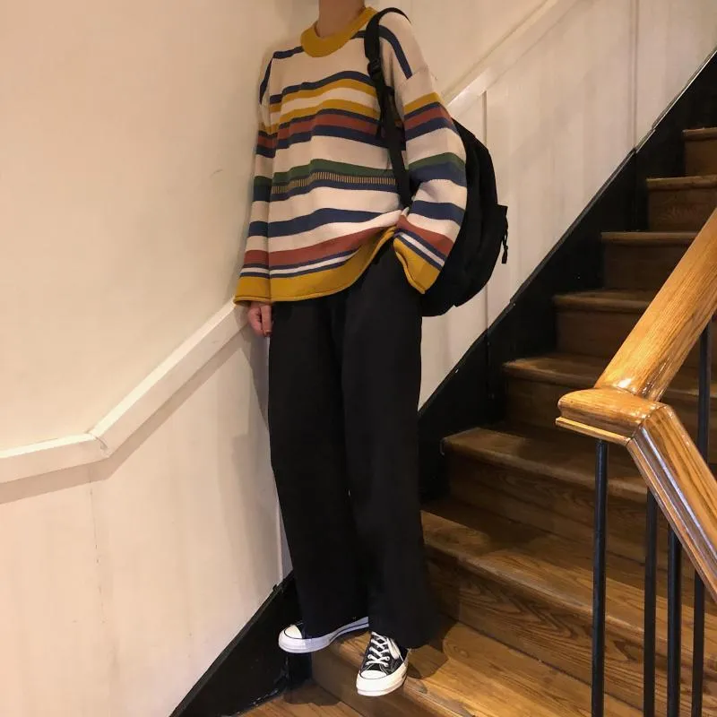 Oversized 90S Contrast Stripes Knitted Sweater