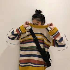 Oversized 90S Contrast Stripes Knitted Sweater