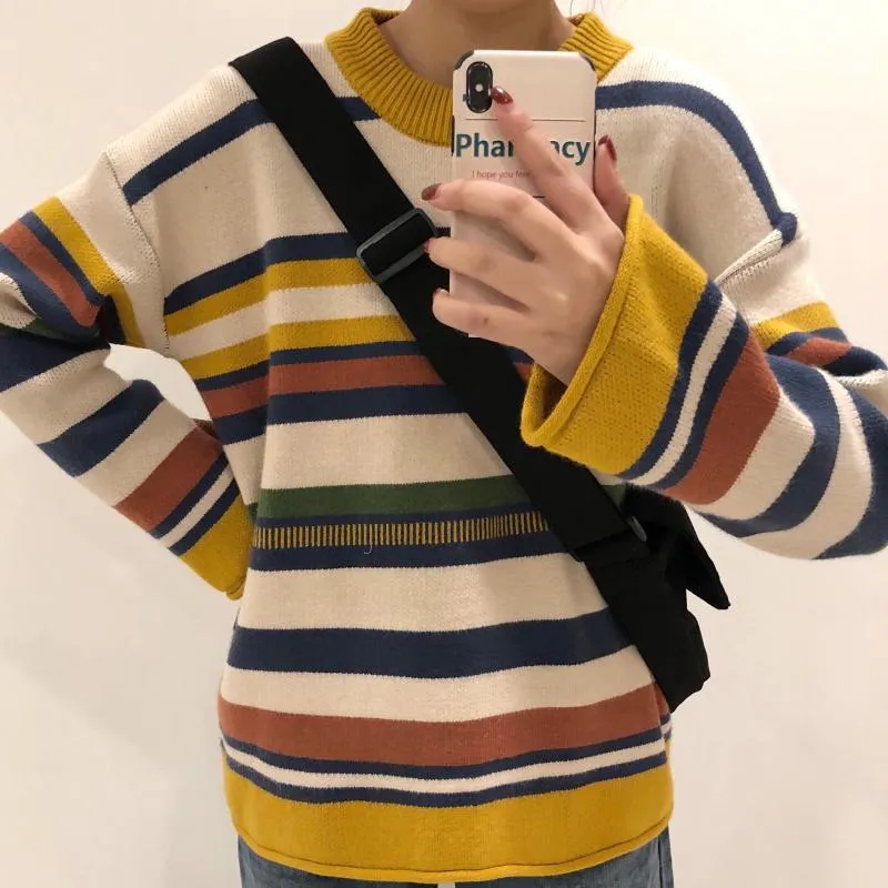 Oversized 90S Contrast Stripes Knitted Sweater