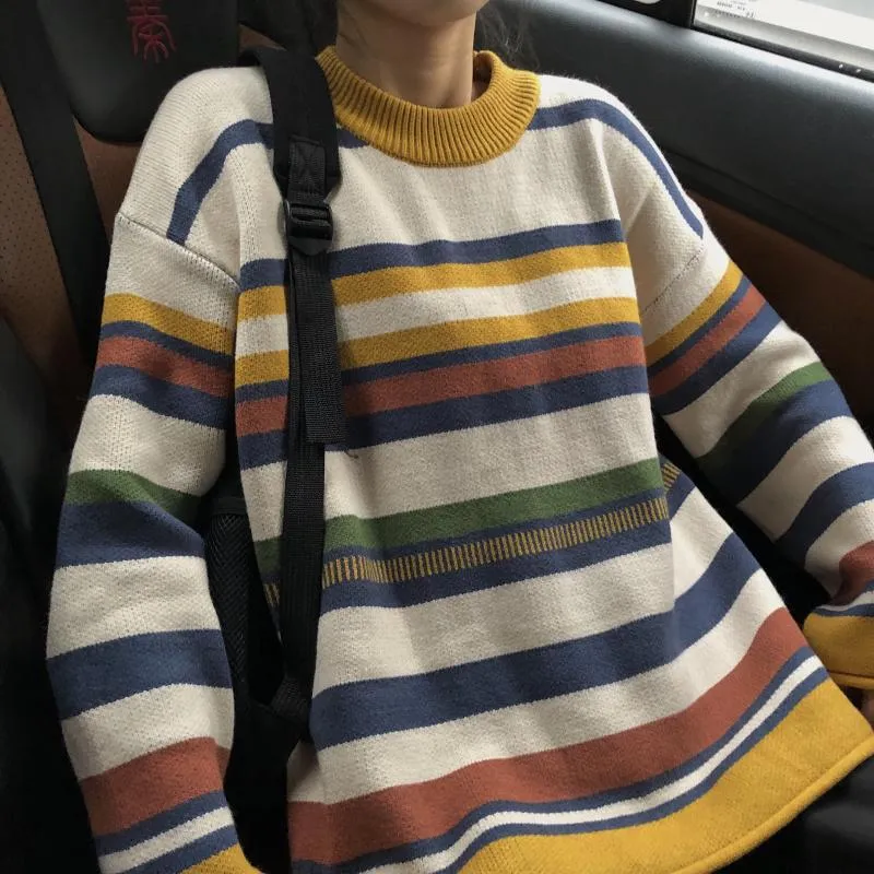 Oversized 90S Contrast Stripes Knitted Sweater