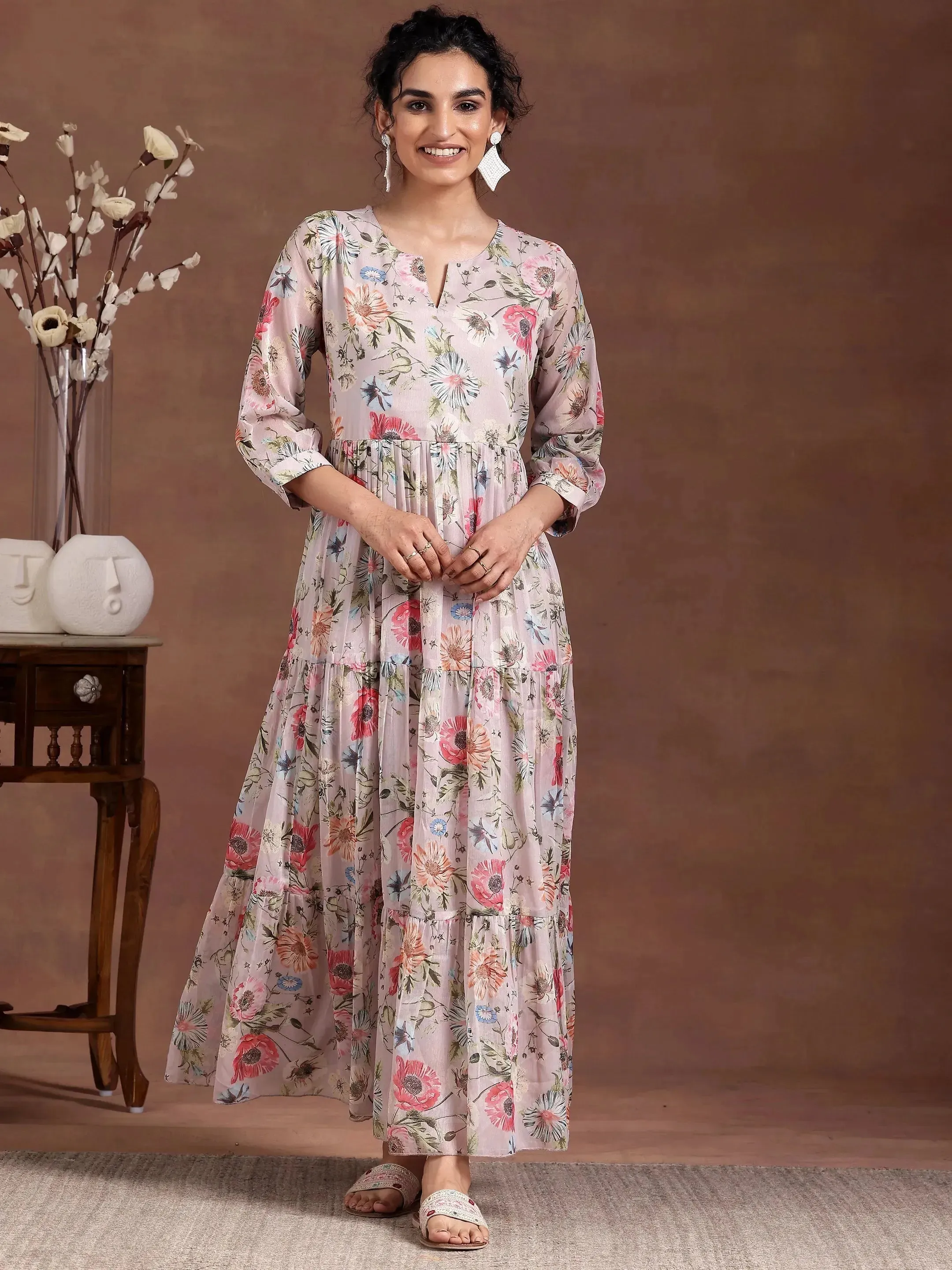 Pink Printed Chiffon Fit and Flare Dress