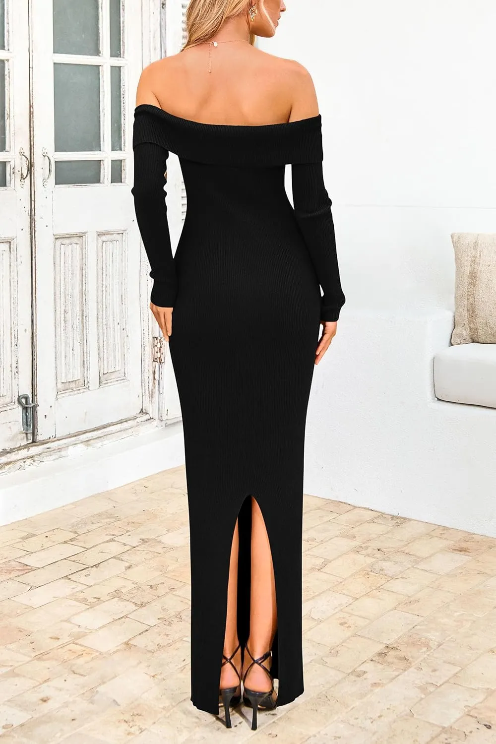 PRETTYGARDEN Women's Winter Sweater Dress Long Sleeve Off Shoulder Slit Maxi Bodycon Cocktail Party Dresses