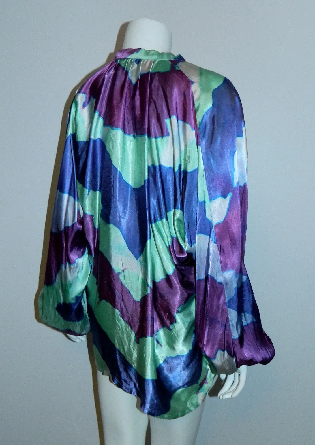 purple waves satin blouse / 1970s hand dyed vintage top / artist made OOAK