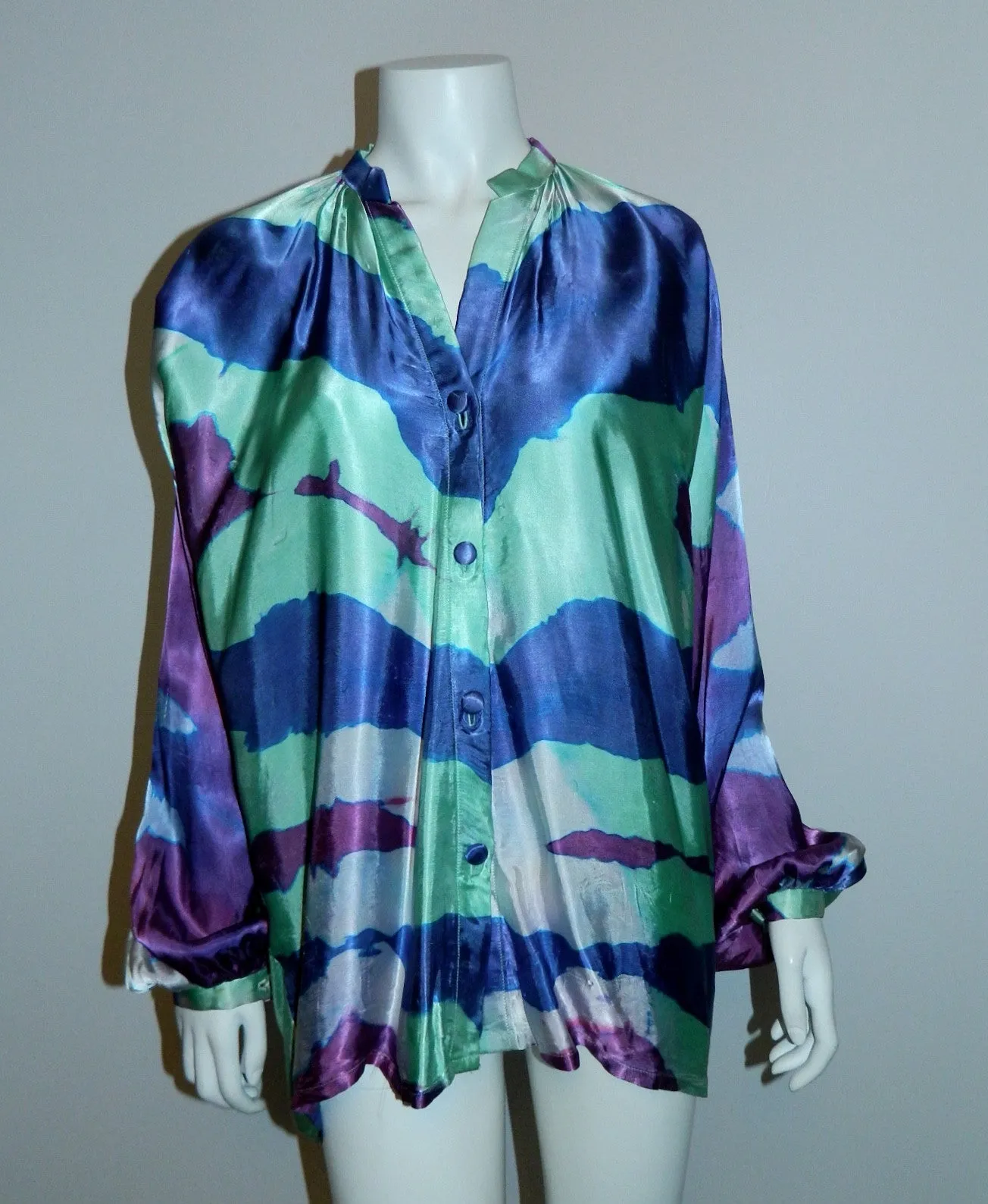 purple waves satin blouse / 1970s hand dyed vintage top / artist made OOAK