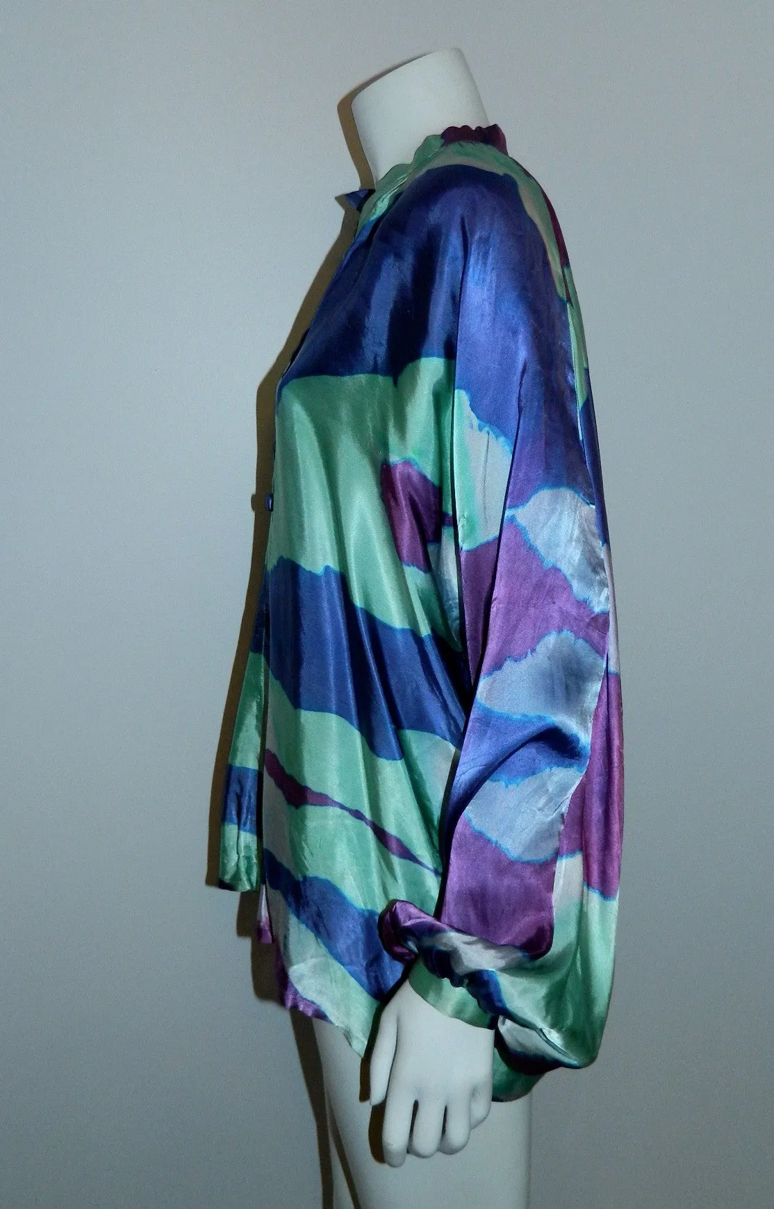 purple waves satin blouse / 1970s hand dyed vintage top / artist made OOAK