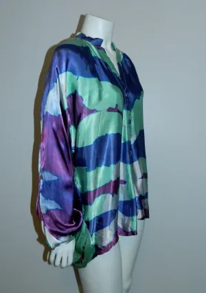 purple waves satin blouse / 1970s hand dyed vintage top / artist made OOAK