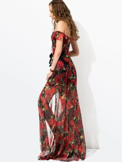Red Floral Sleeveless Women's Maxi Dress