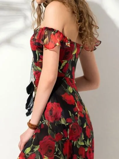 Red Floral Sleeveless Women's Maxi Dress
