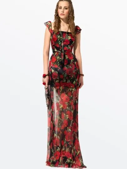 Red Floral Sleeveless Women's Maxi Dress