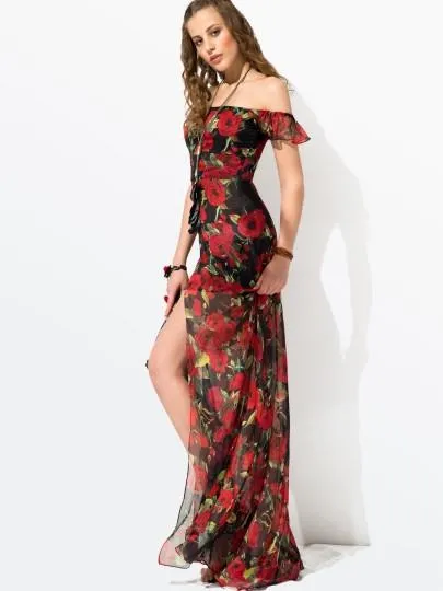 Red Floral Sleeveless Women's Maxi Dress
