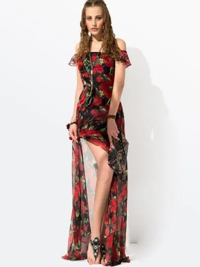 Red Floral Sleeveless Women's Maxi Dress