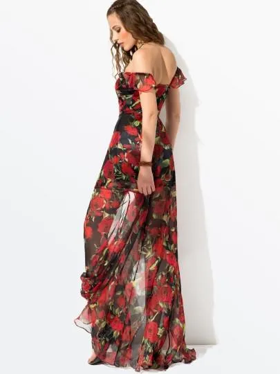 Red Floral Sleeveless Women's Maxi Dress