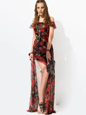 Red Floral Sleeveless Women's Maxi Dress